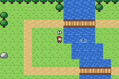 The bobber in the river with a ripple and an exclamation mark above the angler